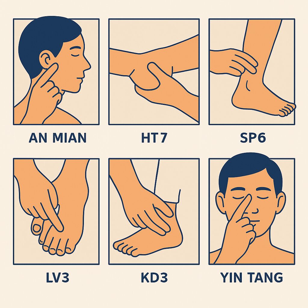 6 Types of Pressure Points for Sleep
AN MIAM, HT7, SP6, LV3, KD3, YIN TANG